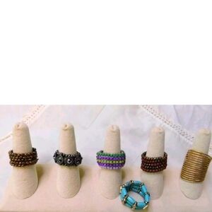 Vintage Lot of 6 Beaded Stretchy Band Black Turquoise Gold Bronze Rings 8 9